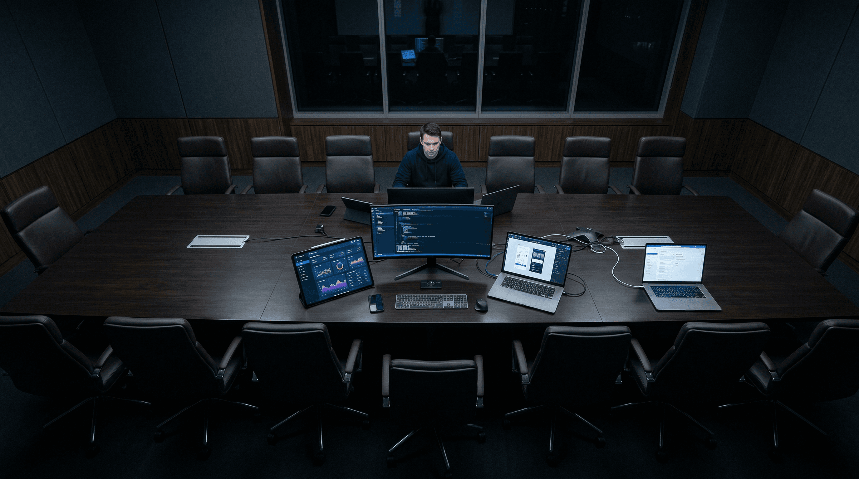 Solo entrepreneur managing multiple screens illustrating AI-driven productivity for college founders