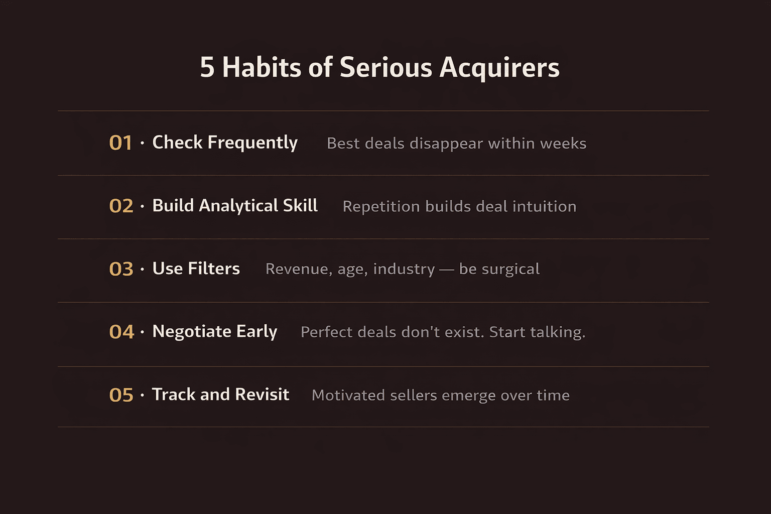 5 habits of serious acquirers: check frequently, build analytical skill, use filters, negotiate early, track and revisit